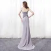 Sexy Grey Evening Dresses  2018 Trumpet / Mermaid Spaghetti Straps Sleeveless Rhinestone Beading Crystal Bow Sash Sweep Train Backless Formal Dresses