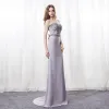 Sexy Grey Evening Dresses  2018 Trumpet / Mermaid Spaghetti Straps Sleeveless Rhinestone Beading Crystal Bow Sash Sweep Train Backless Formal Dresses