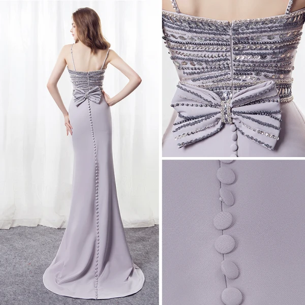Sexy Gris Robe De Soirée 2018 Trompette / Sirène Bretelles Spaghetti Sans Manches Faux Diamant Perlage Cristal Noeud Ceinture Train De Balayage Dos Nu Robe De Ceremonie