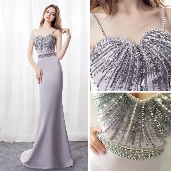 Sexy Gris Robe De Soirée 2018 Trompette / Sirène Bretelles Spaghetti Sans Manches Faux Diamant Perlage Cristal Noeud Ceinture Train De Balayage Dos Nu Robe De Ceremonie