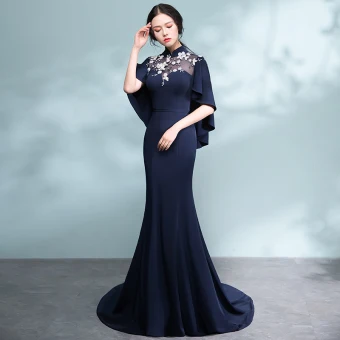 Chinese Style Navy Blue Pierced Evening Dresses 2017 Trumpet Mermaid High Neck 1 2 Sleeves Appliques Flower Court Train Formal Dresses