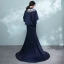 Chinese Stijl Donkerblauwe Doorboord Avondjurken 2017 Trompet / Zeemeermin Hoge Kraag 1/2 Mouwen Appliques Bloem Rechter Trein Gelegenheid Jurken
