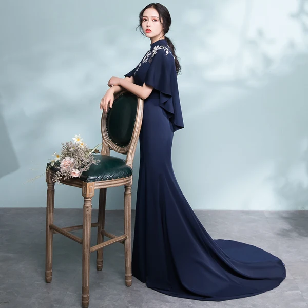 Chinese Stijl Donkerblauwe Doorboord Avondjurken 2017 Trompet / Zeemeermin Hoge Kraag 1/2 Mouwen Appliques Bloem Rechter Trein Gelegenheid Jurken
