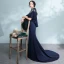 Chinese Stijl Donkerblauwe Doorboord Avondjurken 2017 Trompet / Zeemeermin Hoge Kraag 1/2 Mouwen Appliques Bloem Rechter Trein Gelegenheid Jurken
