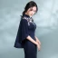Chinese Stijl Donkerblauwe Doorboord Avondjurken 2017 Trompet / Zeemeermin Hoge Kraag 1/2 Mouwen Appliques Bloem Rechter Trein Gelegenheid Jurken