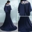 Chinese Stijl Donkerblauwe Doorboord Avondjurken 2017 Trompet / Zeemeermin Hoge Kraag 1/2 Mouwen Appliques Bloem Rechter Trein Gelegenheid Jurken
