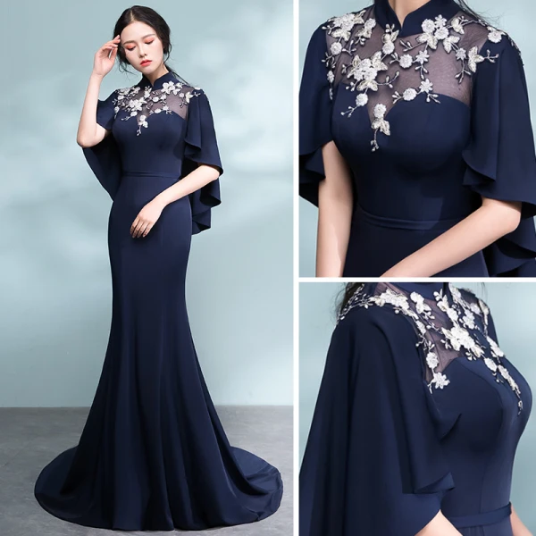 Chinese Stijl Donkerblauwe Doorboord Avondjurken 2017 Trompet / Zeemeermin Hoge Kraag 1/2 Mouwen Appliques Bloem Rechter Trein Gelegenheid Jurken