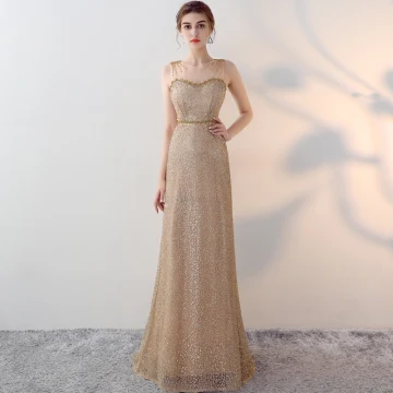 Sparkly Gold Evening Dresses 2017 A Line Princess Scoop Neck Sleeveless Beading Rhinestone Sequins Pearl Sash Floor Length Long Pierced Formal Dresses
