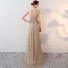 Sparkly Gold Evening Dresses  2017 A-Line / Princess Scoop Neck Sleeveless Beading Rhinestone Sequins Pearl Sash Floor-Length / Long Pierced Formal Dresses
