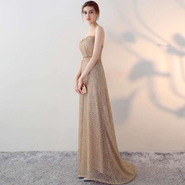 Sparkly Gold Evening Dresses 2017 A-Line / Princess Scoop Neck Sleeveless Beading Rhinestone Sequins Pearl Sash Floor-Length / Long Pierced Formal Dresses