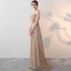 Sparkly Gold Evening Dresses  2017 A-Line / Princess Scoop Neck Sleeveless Beading Rhinestone Sequins Pearl Sash Floor-Length / Long Pierced Formal Dresses