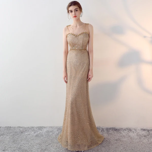 Sparkly Gold Evening Dresses 2017 A-Line / Princess Scoop Neck Sleeveless Beading Rhinestone Sequins Pearl Sash Floor-Length / Long Pierced Formal Dresses