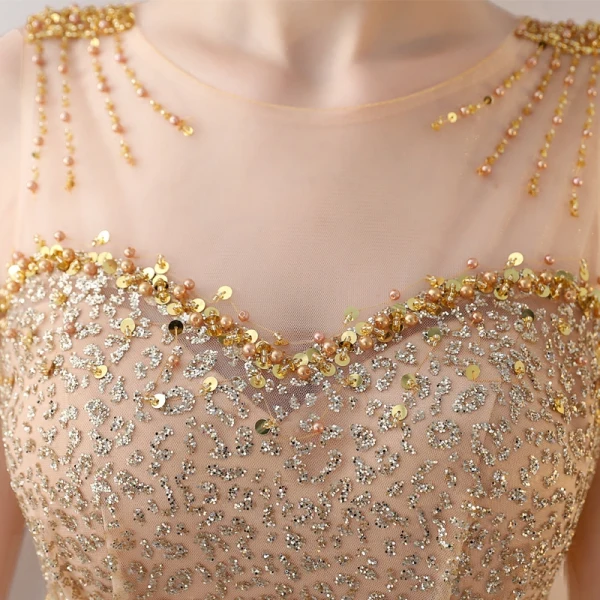 Sparkly Gold Evening Dresses 2017 A-Line / Princess Scoop Neck Sleeveless Beading Rhinestone Sequins Pearl Sash Floor-Length / Long Pierced Formal Dresses