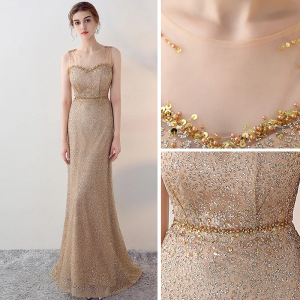 Sparkly Gold Evening Dresses 2017 A-Line / Princess Scoop Neck Sleeveless Beading Rhinestone Sequins Pearl Sash Floor-Length / Long Pierced Formal Dresses