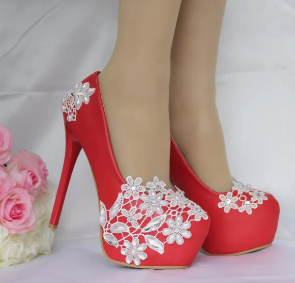 Sexy White Pearl Rhinestone Lace Flower Wedding Shoes 2023 14 cm Stiletto Heels Round Toe Wedding Pumps High Heels