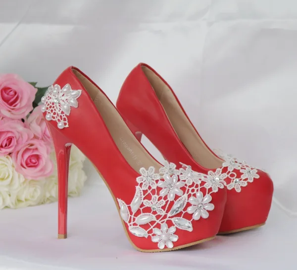 Sexy White Pearl Rhinestone Lace Flower Wedding Shoes 2023 14 cm Stiletto Heels Round Toe Wedding Pumps High Heels
