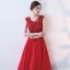 Chic / Belle Rouge Robe De Soirée 2017 Princesse Encolure Dégagée Sans Manches Appliques En Dentelle Perlage Noeud Ceinture Longue Dos Nu Robe De Ceremonie