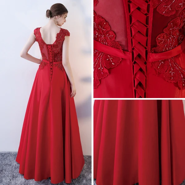 Chic / Belle Rouge Robe De Soirée 2017 Princesse Encolure Dégagée Sans Manches Appliques En Dentelle Perlage Noeud Ceinture Longue Dos Nu Robe De Ceremonie