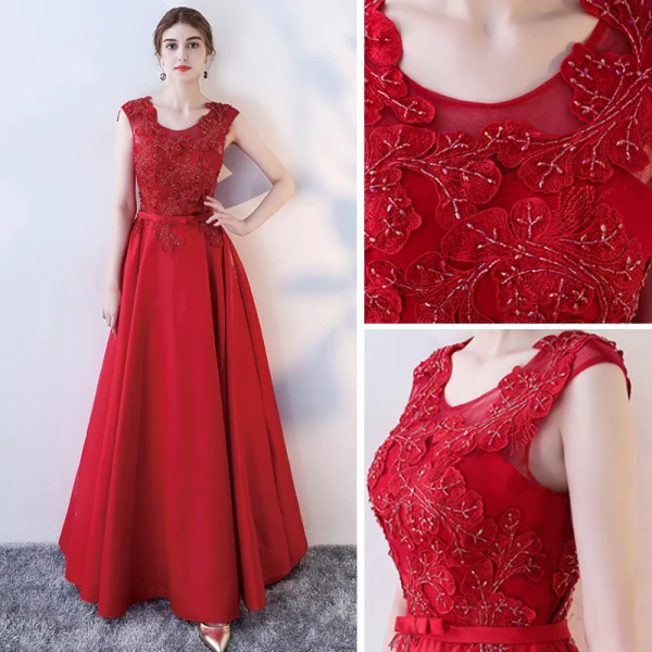 Chic / Belle Rouge Robe De Soirée 2017 Princesse Encolure Dégagée Sans Manches Appliques En Dentelle Perlage Noeud Ceinture Longue Dos Nu Robe De Ceremonie