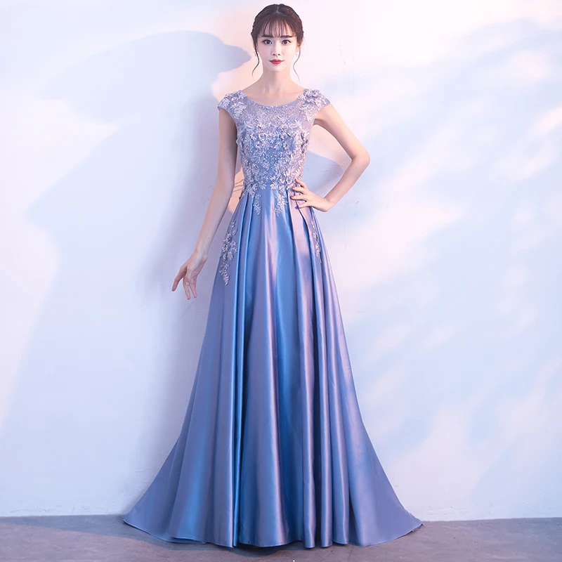 Elegant Sky Blue Prom Dresses 2017 A Line Princess Scoop Neck Sleeveless  Appliques Lace Rhinestone Floor Length Long Backless Formal Dresses
