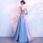 Elegant Sky Blue Prom Dresses 2017 A-Line / Princess Scoop Neck Sleeveless Appliques Lace Rhinestone Floor-Length / Long Backless Formal Dresses