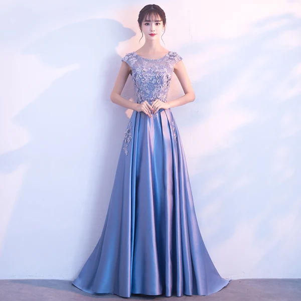 Elegant Sky Blue Prom Dresses 2017 A-Line / Princess Scoop Neck Sleeveless Appliques Lace Rhinestone Floor-Length / Long Backless Formal Dresses