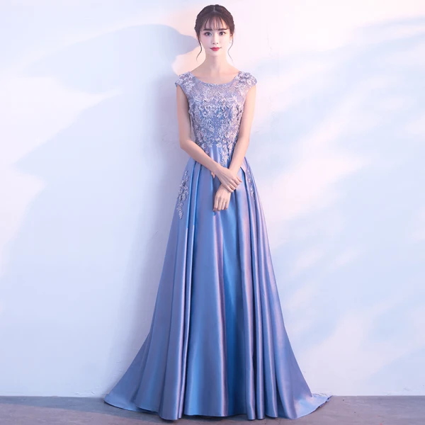 Elegant Sky Blue Prom Dresses 2017 A-Line / Princess Scoop Neck Sleeveless Appliques Lace Rhinestone Floor-Length / Long Backless Formal Dresses