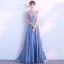 Elegant Sky Blue Prom Dresses 2017 A-Line / Princess Scoop Neck Sleeveless Appliques Lace Rhinestone Floor-Length / Long Backless Formal Dresses