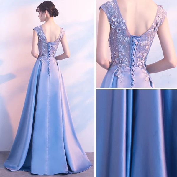 Elegant Sky Blue Prom Dresses 2017 A-Line / Princess Scoop Neck Sleeveless Appliques Lace Rhinestone Floor-Length / Long Backless Formal Dresses