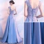 Elegant Sky Blue Prom Dresses 2017 A-Line / Princess Scoop Neck Sleeveless Appliques Lace Rhinestone Floor-Length / Long Backless Formal Dresses