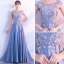 Elegant Sky Blue Prom Dresses 2017 A-Line / Princess Scoop Neck Sleeveless Appliques Lace Rhinestone Floor-Length / Long Backless Formal Dresses