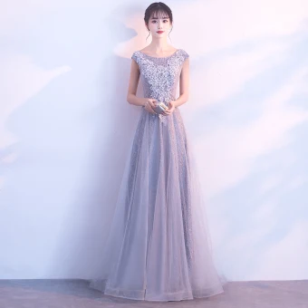 Chic Beautiful Grey Prom Dresses 2017 A Line Princess Scoop Neck Sleeveless Appliques Lace Floor Length Long Backless Formal Dresses