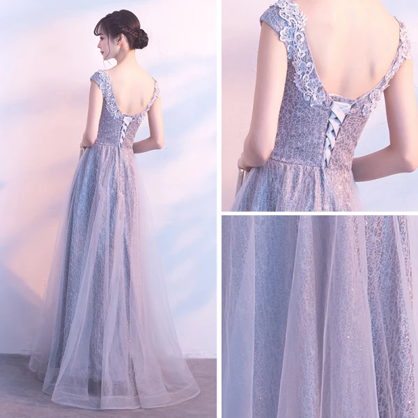 Chic / Belle Gris Robe De Bal 2017 Princesse Encolure Dégagée Sans Manches Appliques En Dentelle Longue Dos Nu Robe De Ceremonie