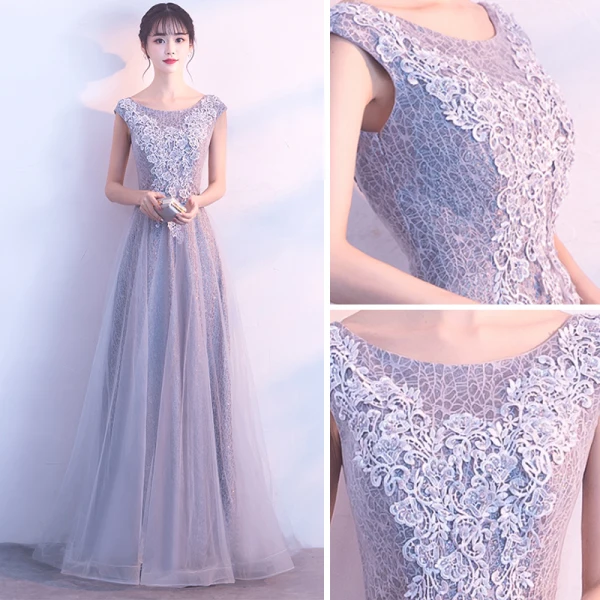 Chic / Belle Gris Robe De Bal 2017 Princesse Encolure Dégagée Sans Manches Appliques En Dentelle Longue Dos Nu Robe De Ceremonie