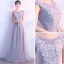 Chic / Belle Gris Robe De Bal 2017 Princesse Encolure Dégagée Sans Manches Appliques En Dentelle Longue Dos Nu Robe De Ceremonie