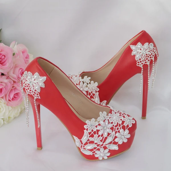 Stunning White Pearl Rhinestone Lace Flower Wedding Shoes 2022 14 cm Stiletto Heels Round Toe Wedding Pumps High Heels