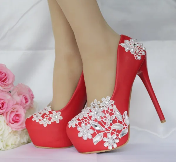 Sexy White Pearl Rhinestone Lace Flower Wedding Shoes 2023 14 cm Stiletto Heels Round Toe Wedding Pumps High Heels
