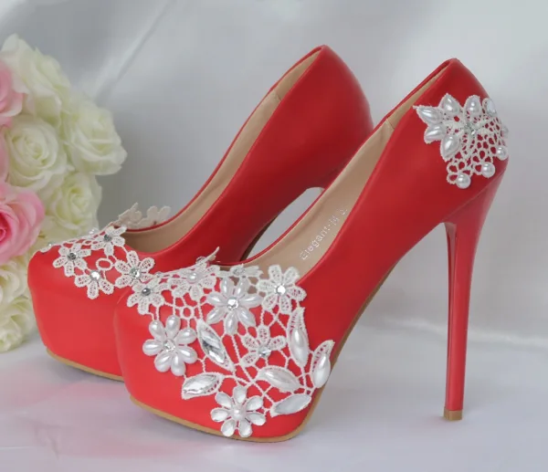 Sexy White Pearl Rhinestone Lace Flower Wedding Shoes 2023 14 cm Stiletto Heels Round Toe Wedding Pumps High Heels