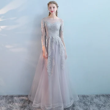 Moderne Mode Gris Robe De Soirée 2017 Princesse Encolure Dégagée Manches Longues Appliques En Dentelle Faux Diamant Longue Dos Nu Percé Robe De Ceremonie