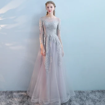 Modern Fashion Grey Evening Dresses 2017 A Line Princess Scoop Neck Long Sleeve Appliques Lace Rhinestone Floor Length Long Backless Pierced Formal Dresses