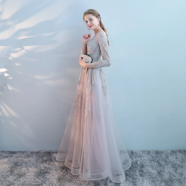 Modern / Fashion Grey Evening Dresses 2017 A-Line / Princess Scoop Neck Long Sleeve Appliques Lace Rhinestone Floor-Length / Long Backless Pierced Formal Dresses