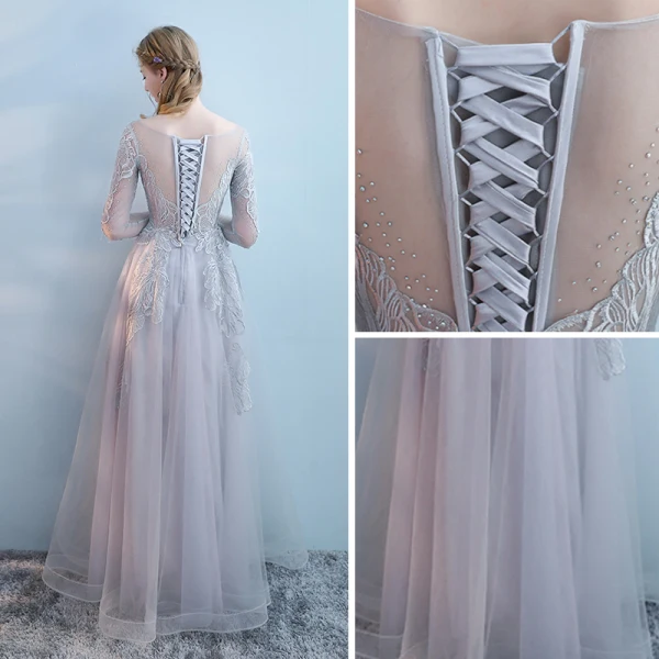 Modern / Fashion Grey Evening Dresses 2017 A-Line / Princess Scoop Neck Long Sleeve Appliques Lace Rhinestone Floor-Length / Long Backless Pierced Formal Dresses