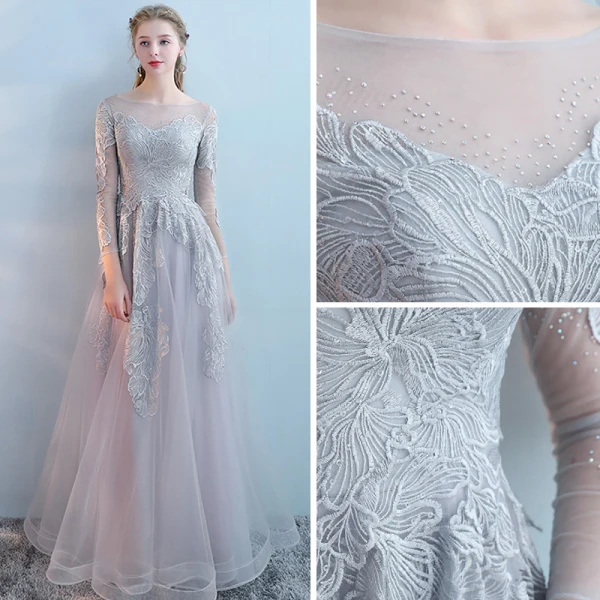 Modern / Fashion Grey Evening Dresses 2017 A-Line / Princess Scoop Neck Long Sleeve Appliques Lace Rhinestone Floor-Length / Long Backless Pierced Formal Dresses