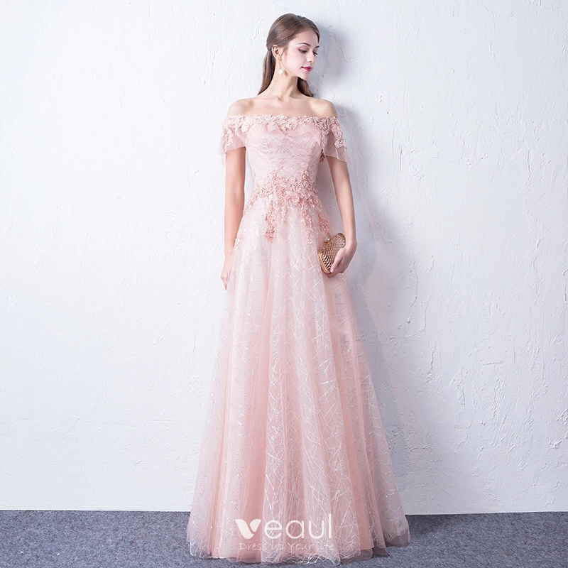 Bling Bling Blushing Pink Evening Dresses 2018 A-Line / Princess Off ...