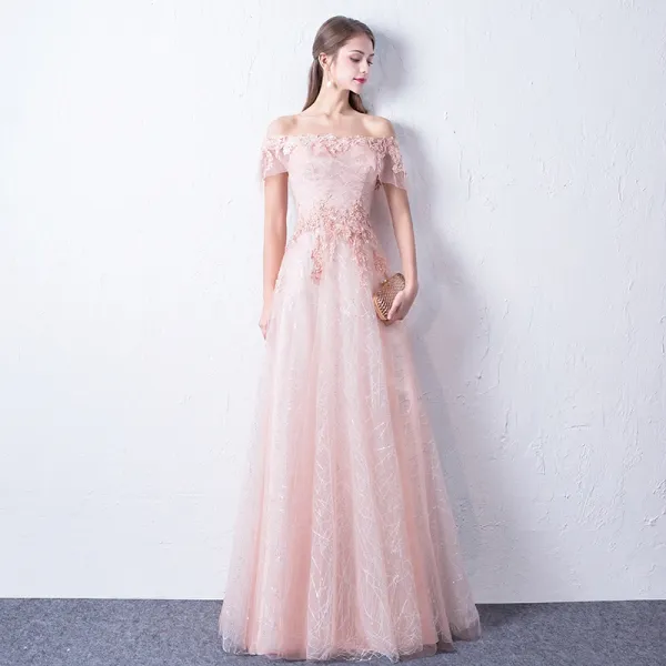 Elegant Blushing Pink Pearl Lace Flower Prom Dresses 2023 A-Line / Princess  Square Neckline Short Sleeve Backless Floor-Length / Long Prom Formal  Dresses