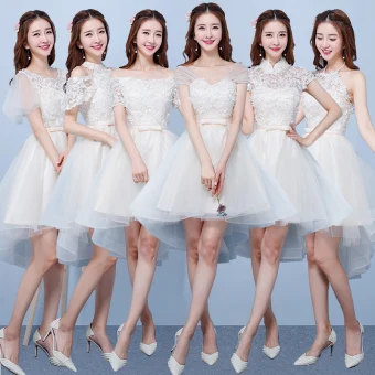 High Low Champagne Bridesmaid Dresses 2018 A Line Princess Appliques Flower Bow Sash Asymmetrical Ruffle Backless Wedding Party Dresses