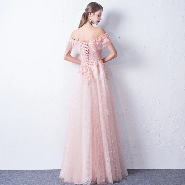 Bling Bling Rosa Abendkleider 2018 A Linie Off Shoulder Kurze Ärmel Applikationen Spitze Glanz Pailletten Lange Rüschen Rückenfreies Festliche Kleider