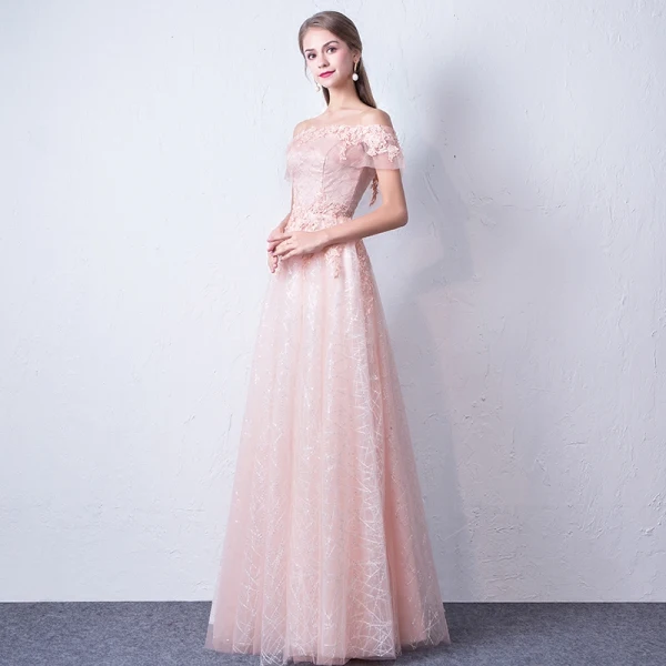 Bling Bling Rosa Abendkleider 2018 A Linie Off Shoulder Kurze Ärmel Applikationen Spitze Glanz Pailletten Lange Rüschen Rückenfreies Festliche Kleider