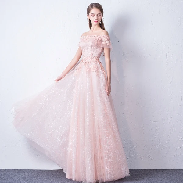 Bling Bling Rosa Abendkleider 2018 A Linie Off Shoulder Kurze Ärmel Applikationen Spitze Glanz Pailletten Lange Rüschen Rückenfreies Festliche Kleider