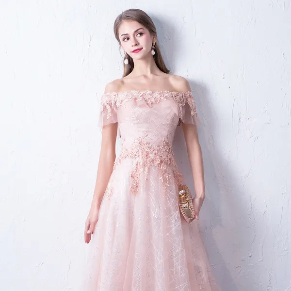 Bling Bling Blushing Pink Evening Dresses 2018 A-Line / Princess Off ...